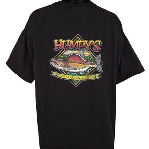Vintage Humpys Great Alaskan Alehouse T Shirt Mens Size 2XL Black Y2K Salmon